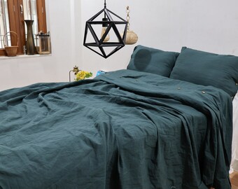 Emerald Green Linen Duvet Cover Set: Softened Washed Linen Bedding