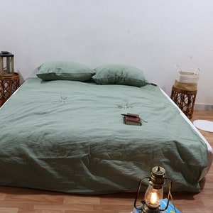 Housse de couette en lin vert sauge, parure de lit en lin lavé, housse de couette bohème, housse de couette naturelle douce, couette king-size avec attaches d&#39;angle