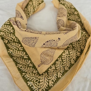 Hand Block Print Cotton Bandana Scarf: Mustard Paisley Design