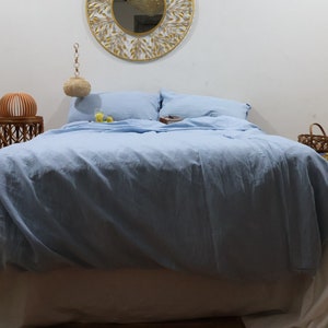 Sky Blue Linen Bedding Set: Softened Quilt Cover, Custom Size