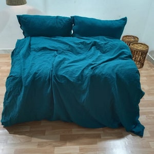 Navy Blue Linen Duvet Washed Linen Bedding Duvet Cover Set Boho Duvet Cover Soft Duvet Cover King Queen Size duvet with Corner ties