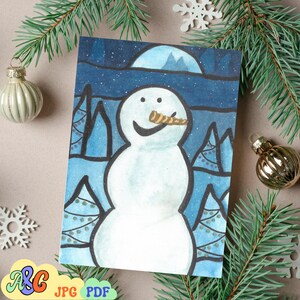 Cartão de Natal em aquarela para impressão, cartão de Natal em aquarela pintado à mão, convite de boneco de neve para impressão em JPEG e PDF