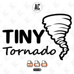Pode incluir: Design gráfico em preto e branco de um pequeno tornado com o texto "TINY Tornado" em letras pretas em negrito.