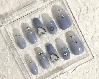 Cœur bleu Appuyez sur les ongles Ongles fantaisie/Ongles de princesse/Ongles élégants/Ongles jolie fille/Ongles 3D