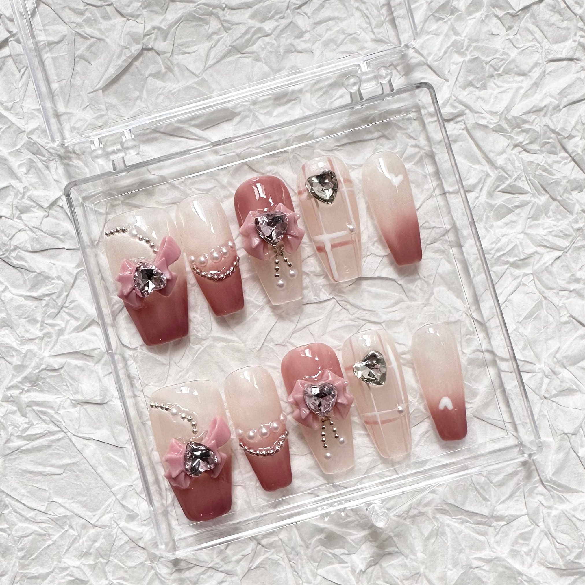 Press on Nails With Swarovski Nail Crystals Press Ons Press on Nail Set  With Teddy Bear Pink Nails Valentines Day Nails 