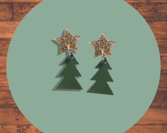 Winter/Festive Christmas Tree Laser-cut Glitter Star Stud/dangly Earrings.