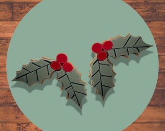 Winter/Festive Christmas Laser-cut Holly Stud Earrings.