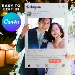 May include: A couple poses with an Instagram-themed photo frame at their wedding. The frame includes the Instagram logo, a profile picture, and text that reads "Adrian & Crystel's Wedding." The Canva logo is visible in the upper left corner.