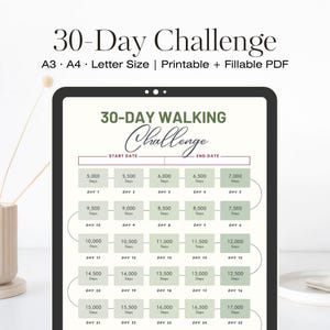 Modello di tracker per la sfida di camminata di 30 giorni / Tracker delle abitudini e pianificatore di fitness stampabile in PDF / Sfida giornaliera digitale dei passi (A3/A4/US Letter)