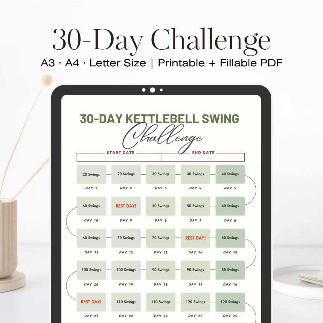 30-day Kettlebell Swing Challenge Template Printable Digital (A3