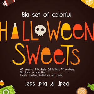 Loads of sweets for Halloween. Halloween Candy Letters Icons Clip Art - vivid clipart, sweets stickers, commercial license, halloween icons