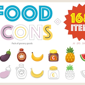 Food Icons. 168 food Icons and elements. Clip Art - vivid clipart, sweets stickers, commercial license