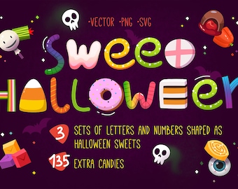 Halloween Candy Letters Icons Clip Art - vivid clipart, sweets and desserts stickers, candy alphabet, commercial license, halloween icons