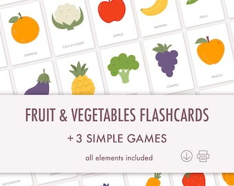 Fiszki + 3 proste gry dla maluchów, Karty edukacyjne do druku, Owoce i warzywa, Sortowanie kolorów, PDF