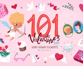 Valentine Day Vector Elements Clip Art - vivid clipart, sweets and desserts stickers, flowers, cupids, commercial license, valentine icons