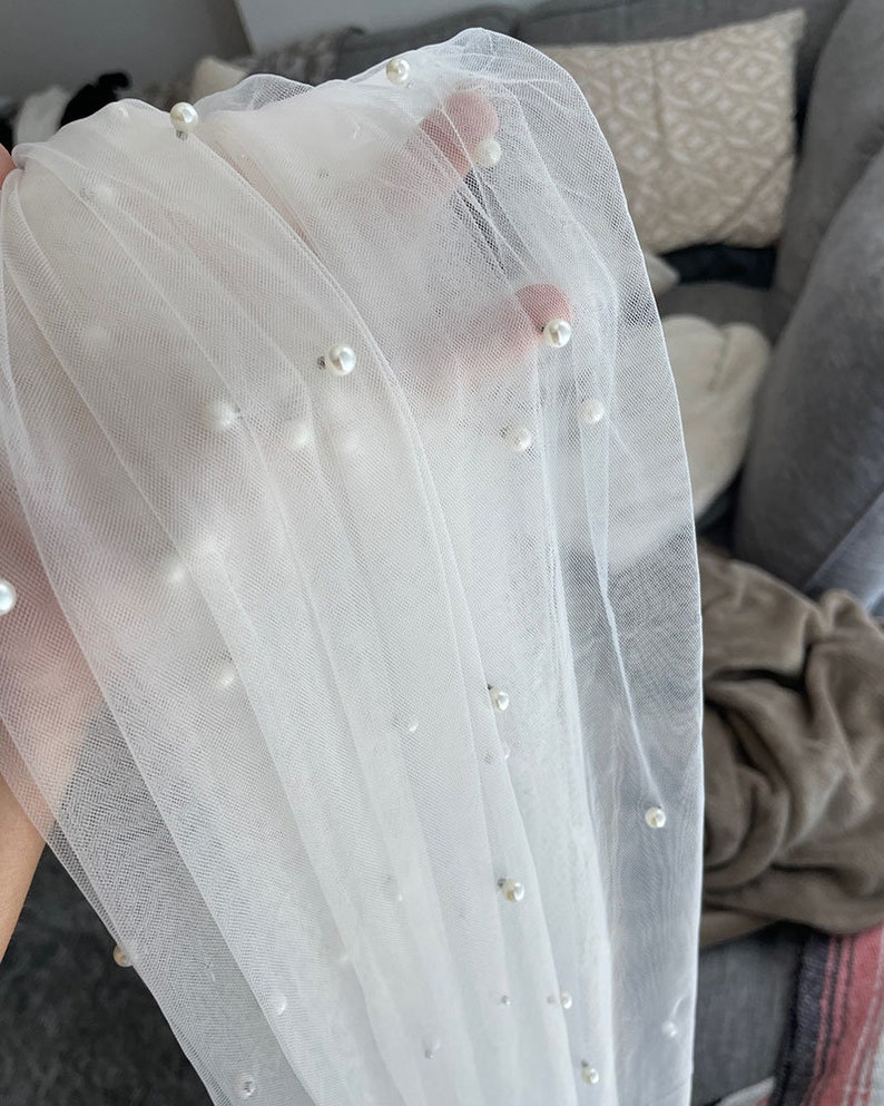 Pearl Wedding Veil Tulle Bridal Veil With Pearls Chapel Etsy