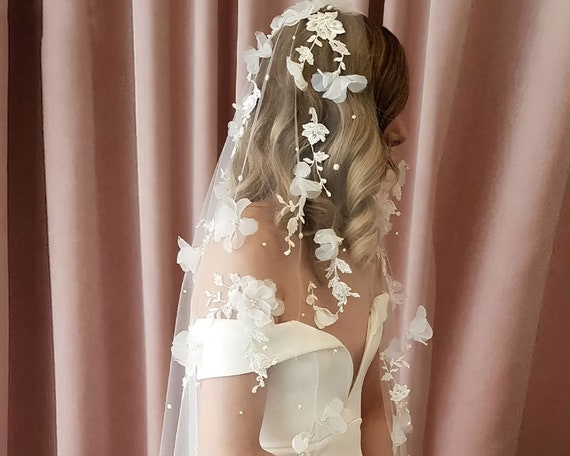 Alexis - one layer cathedral length veil with scattered pearls & crystals