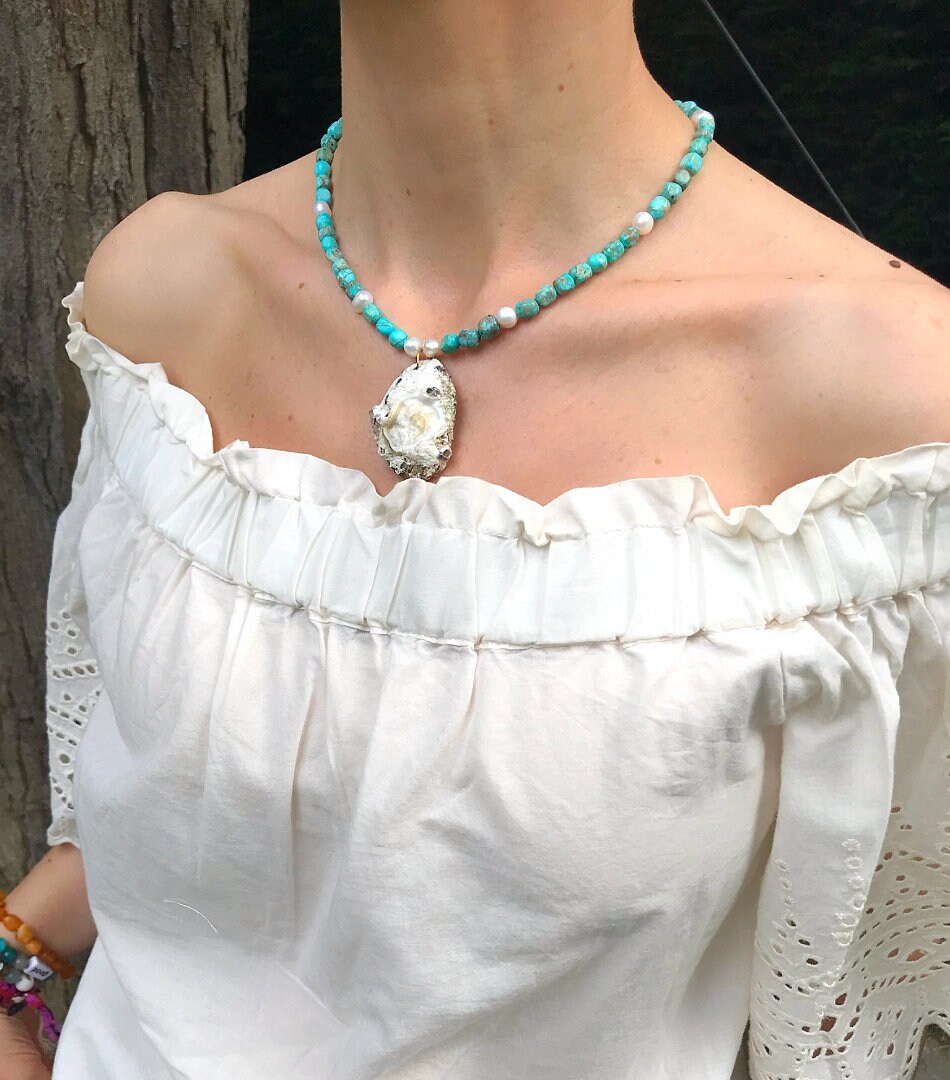 Inilbran Collana Girocollo Boho Shell Vintage Blu Turchese Collana A Catena Conchiglia Regolabile Gioielli Smerlata Collana Di Perle Di Riso Blu Collana Per Donne E Ragazze