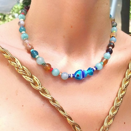 Collana Boho Conchiglia Vintage Blu Turchese – Perle Di Riso E Smerli – Donna - 2