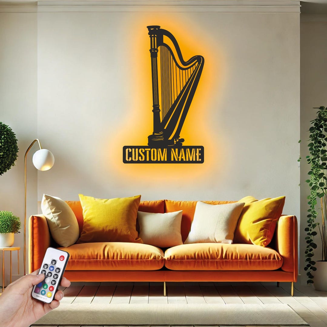 Custom Harp Metal Wall Art With LED Light, Personalized Harpist Name ...