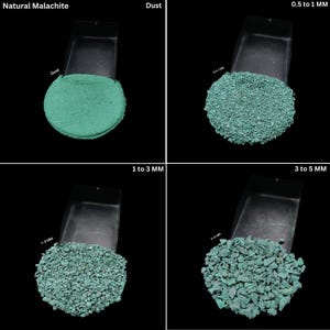 May include: A composite image showing natural malachite in various forms. The image displays malachite dust, and granules ranging from 0.5 to 1 mm, 1 to 3 mm, and 3 to 5 mm. Each sample is presented in a small, dark container against a black background.