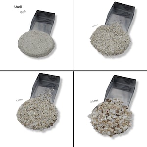 May include: Four samples of crushed seashells in different sizes, labeled "Dust", "0.5-1 MM", "1-3 MM", and "3-5 MM".
