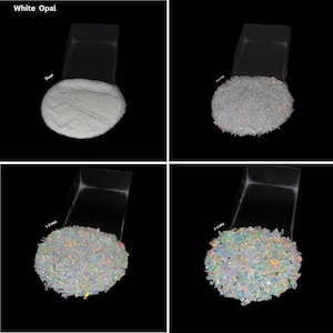 May include: Four images showcasing white opal in different forms. The first shows opal dust, followed by small, iridescent chips. The subsequent images display larger opal pieces, ranging from 1-3 mm to 3-6 mm in size. The text "White Opal" is at the top.