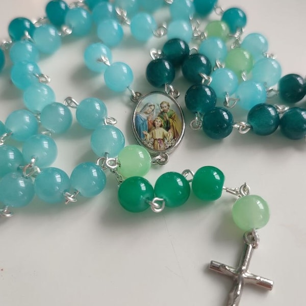 Multicolour sea azur rosary, 8mm stained quartz beads. Rosario di quarzo colorati. First Communion gift. Różaniec z barwionego kwarcu
