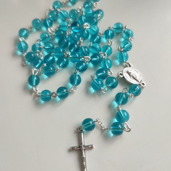 Clear blue drop rosary, 6mm stained quartz beads. Rosario di quarzo colorati. First Communion Wedding gift. Różaniec z barwionego kwarcu