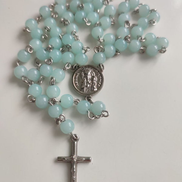Soft sky blue rosary, 6mm stained quartz beads. Rosario di quarzo colorati. First Communion Wedding gift. Różaniec z barwionego kwarcu