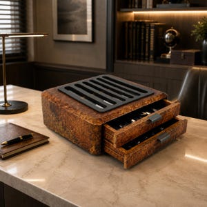 May include: A rectangular wooden storage box with a burl wood finish featuring two pull-out drawers with dark metal handles and a black slotted top panel. The box is designed for organizing small items and sits on a smooth, light-colored surface.