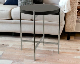 Round Oak Coffee Table: Modern End Table with Chrome Legs