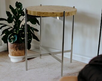 Round Wood Veneer Coffee Table: Stainless Steel Accent Table