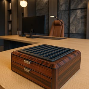 May include: A rectangular wooden desk organizer with a dark brown wood grain finish, featuring two stacked drawers with metallic silver handles and a black top tray with six parallel recessed slots for holding pens or small office accessories.