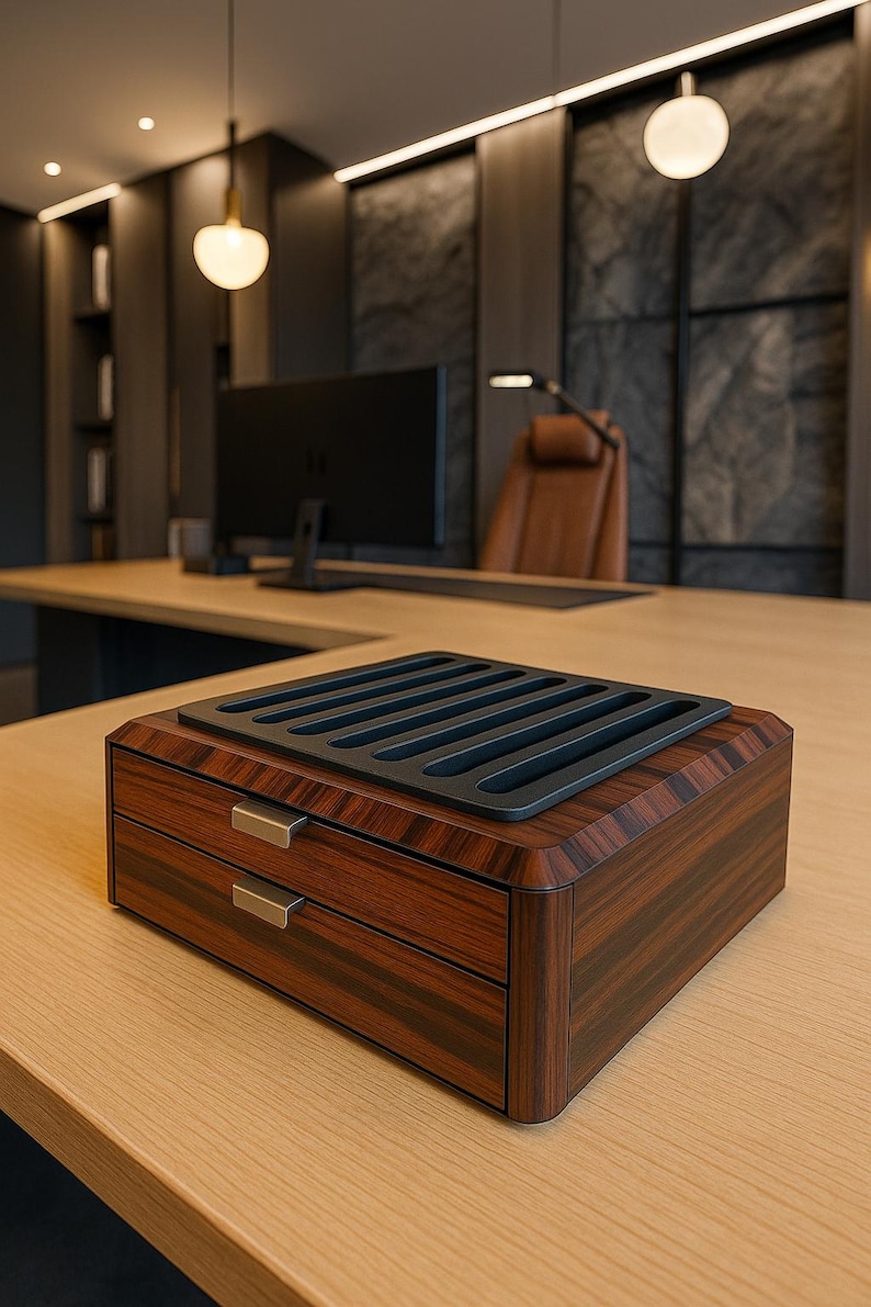 May include: A rectangular wooden desk organizer with a dark brown wood grain finish, featuring two stacked drawers with metallic silver handles and a black top tray with six parallel recessed slots for holding pens or small office accessories.