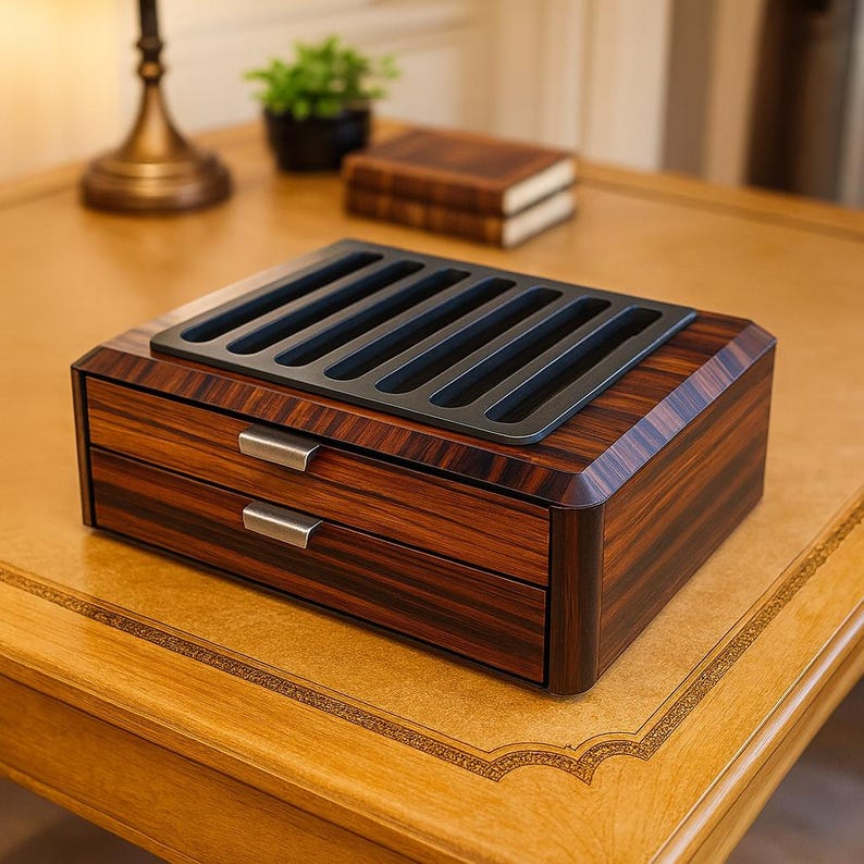 May include: A rectangular dark brown wood-grain storage box featuring two horizontal drawers with silver-toned metal handles. The top surface of the box includes a black panel with six parallel, elongated rectangular cutouts for organization.