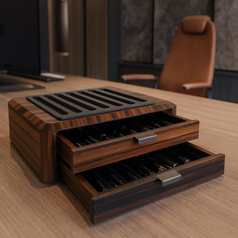May include: A dark brown wood grain desk organizer featuring two pull-out drawers with matte grey metal handles. The top surface includes a recessed black tray with multiple parallel slots for storage, and the drawers contain several black pens.