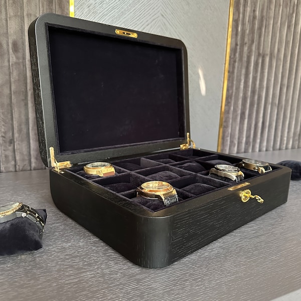 12 Oak Watch Box for Watches Black Organizer, Wooden Watch Box, Gift for Him, The best Gift for Him