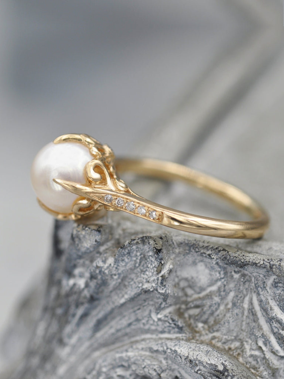 Art Deco 10K Solid Gold Thin Ring Vintage Pearl and Moissanite image 1