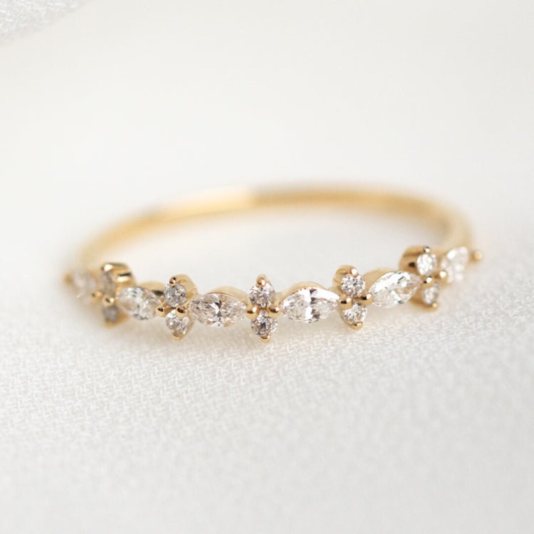 10K Solid Gold Thin Band Ring Half Eternity Marquise and Round Etsy