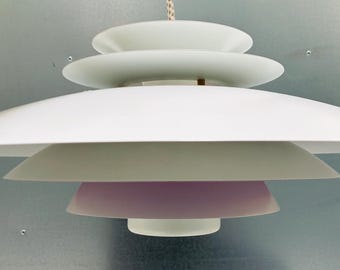 Lámpara colgante Top Lamper de Dinamarca, años 70, color blanco/morado.
