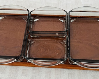 Serviertablett 1960er Jahre vintage Kabarett Wiggers Dänemark Teak 4 Glasschalen