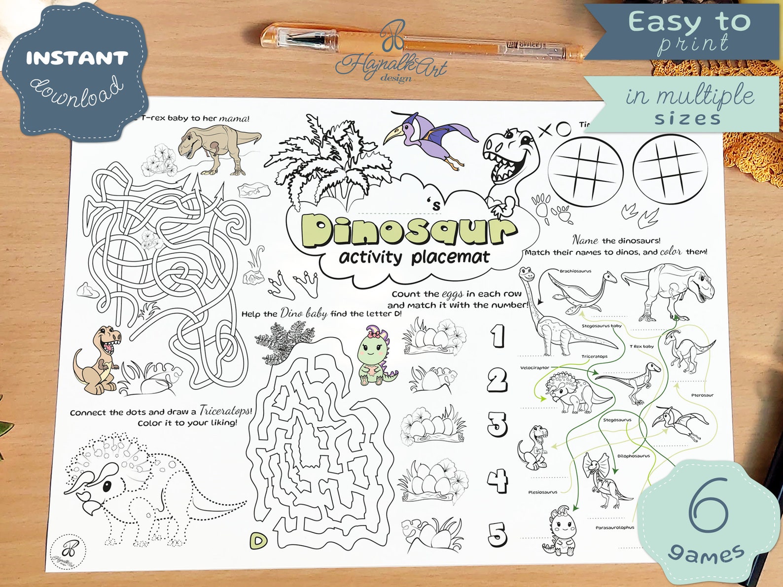Printable Dinosaur Activity Placemat, Dino Coloring Table Mat, Dinosaur ...