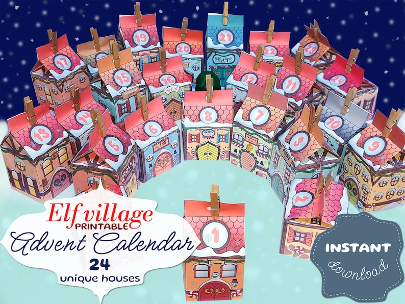 Advent Calendar Printable Elf Village DIY Paper Houses North Etsy