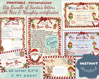 Pode incluir: Um pacote imprimível de cartas e certificados do Pai Natal, incluindo documentos da "Lista de Bons" e da "Lista de Maus". O design apresenta ilustrações festivas do Pai Natal, elfos e renas. Download instantâneo disponível.