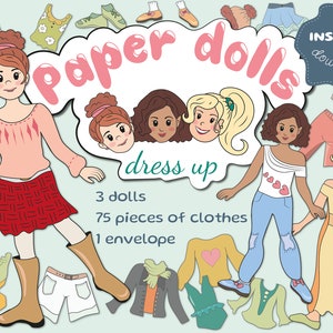Juego de manualidades de papel imprimible de muñecas de papel, viste muñecas de papel con páginas para colorear, kit de manualidades, juguete para niños, regalo para niñas, DESCARGA INSTANTÁNEA