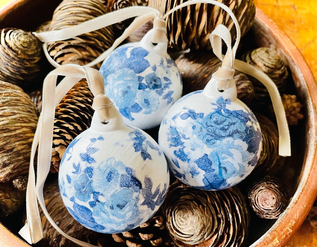 Decoupage Blue Flower Ceramic Christmas Bauble - Etsy