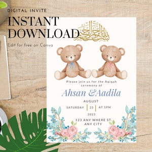 Zwillings-Aqiqah Islamische/Muslimische Baby-Einladung