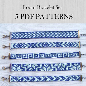 May include: Loom bracelet set with 5 PDF patterns. Five beaded bracelets with intricate geometric designs in blue and white. Each bracelet has a silver clasp and chain. The text "Loom Bracelet Set" and "5 PDF PATTERNS" are at the top.