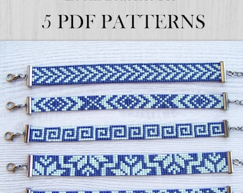 Set of 5 Geometric Loom bracelet patterns in blue, Miyuki Delica Bracelet PDF Pattern, Beading instant download, Fill your wrist,